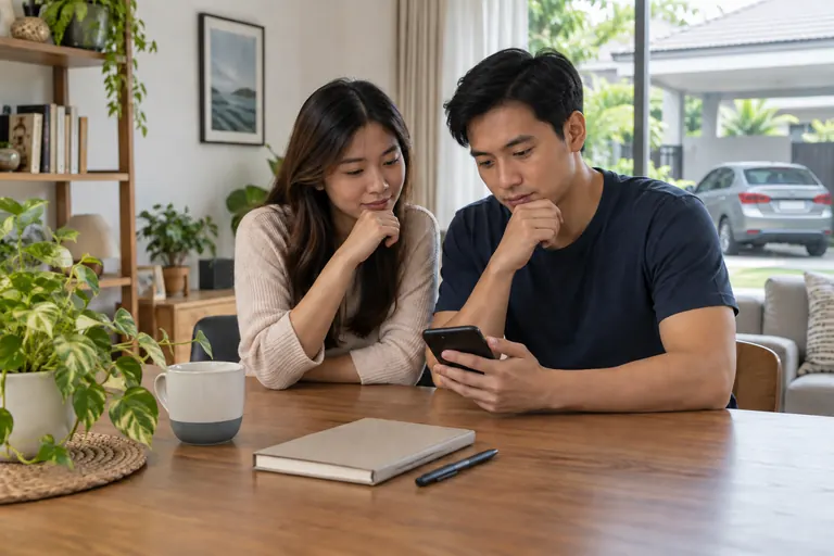 Pelanggan menyemak pertanyaan pada telefon dengan buku catatan tertutup di meja rumah.
